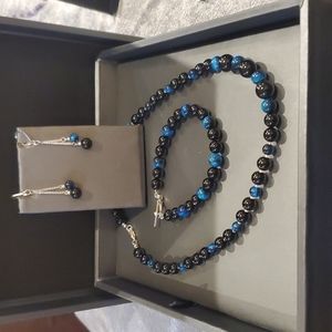 Handcrafted Genuine Onyx & Blue Tiger's Eye Necklace, Bracelet & Earring Set